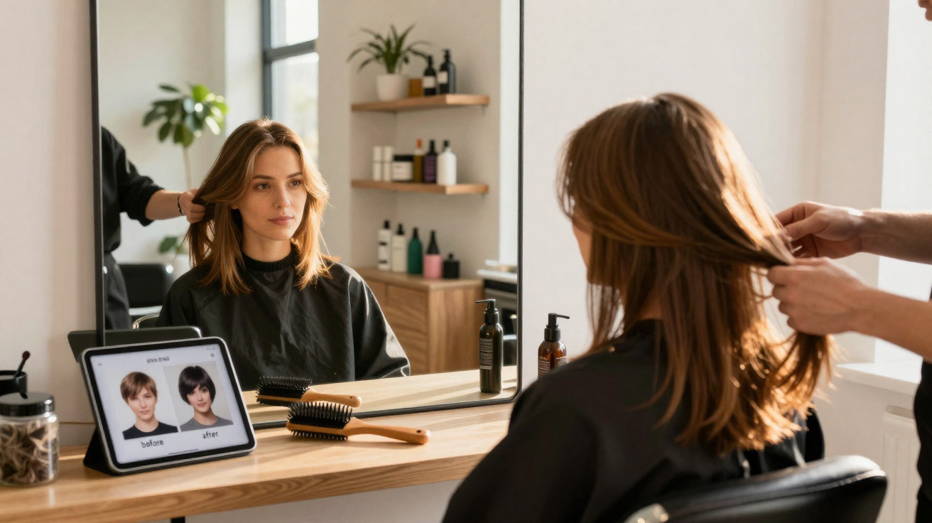 Mulher loira no salão de beleza vendo seu cabelo no espelho enquanto é penteada pelo cabeleireiro.