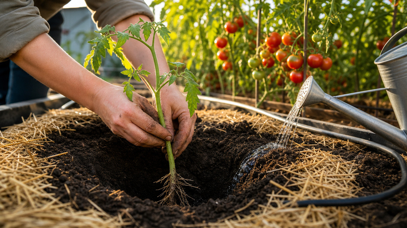 Pessoa plantando muda de tomate em solo preparado e regando com regador em estufa com tomates maduros ao fundo.