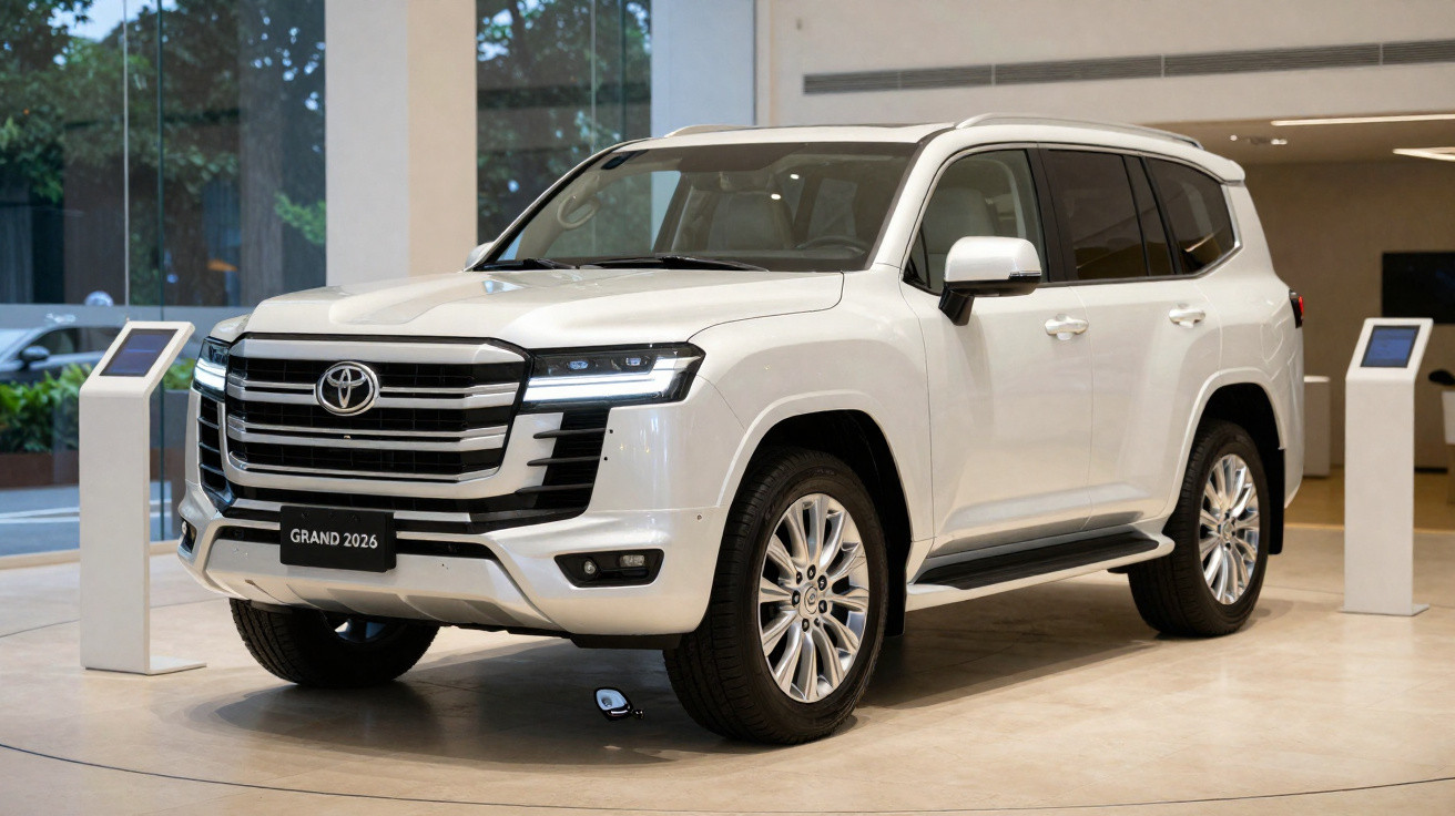 SUV branco Toyota Grand 2026 exposto em salão moderno com piso claro e iluminação suave.