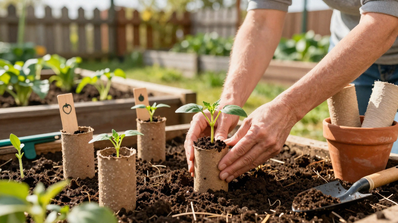 Pessoa transplantando mudas em pequenos vasos biodegradáveis no jardim com canteiros ao fundo.