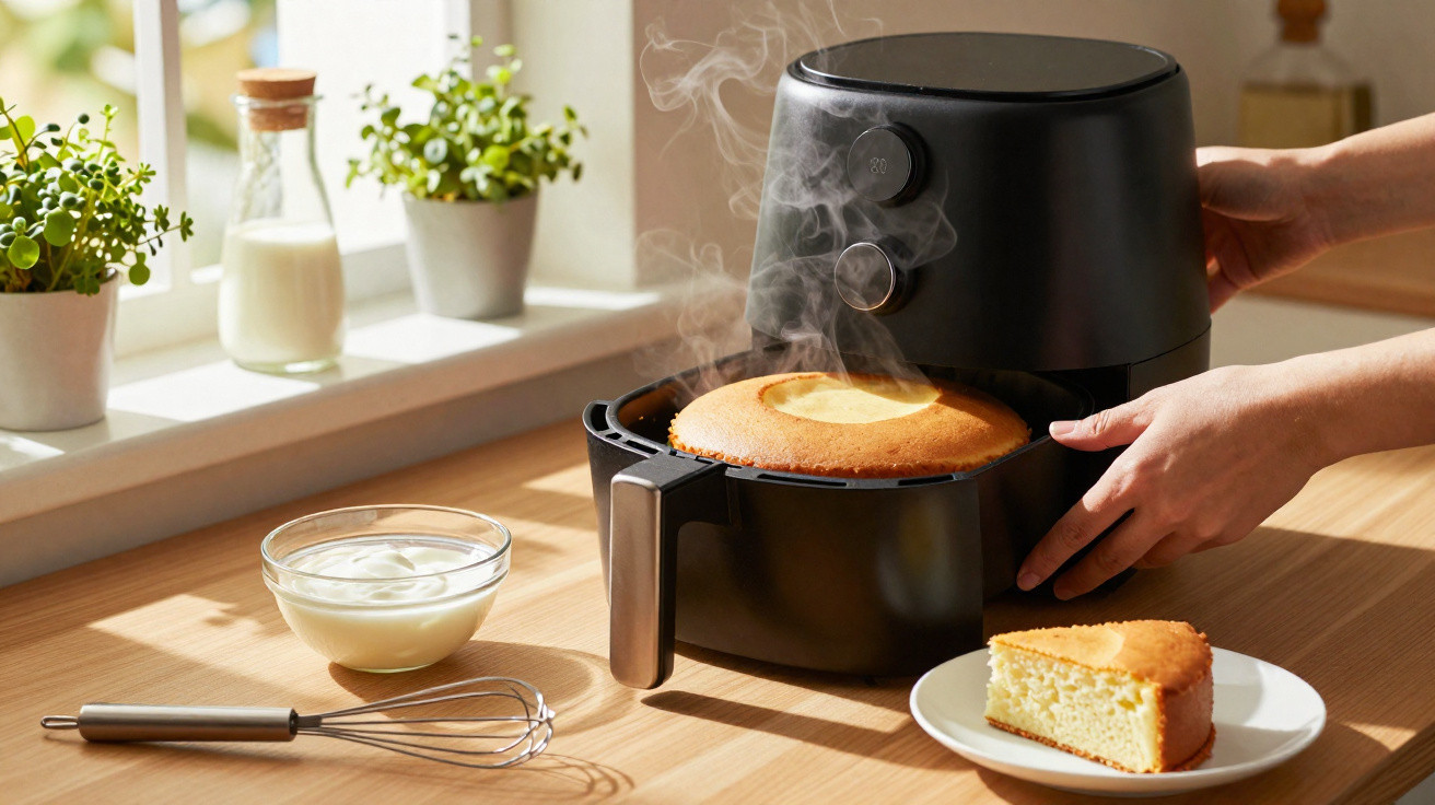 Bolo fumegante acabando de sair de air fryer preta, com fatia servida em prato branco sobre mesa de madeira.