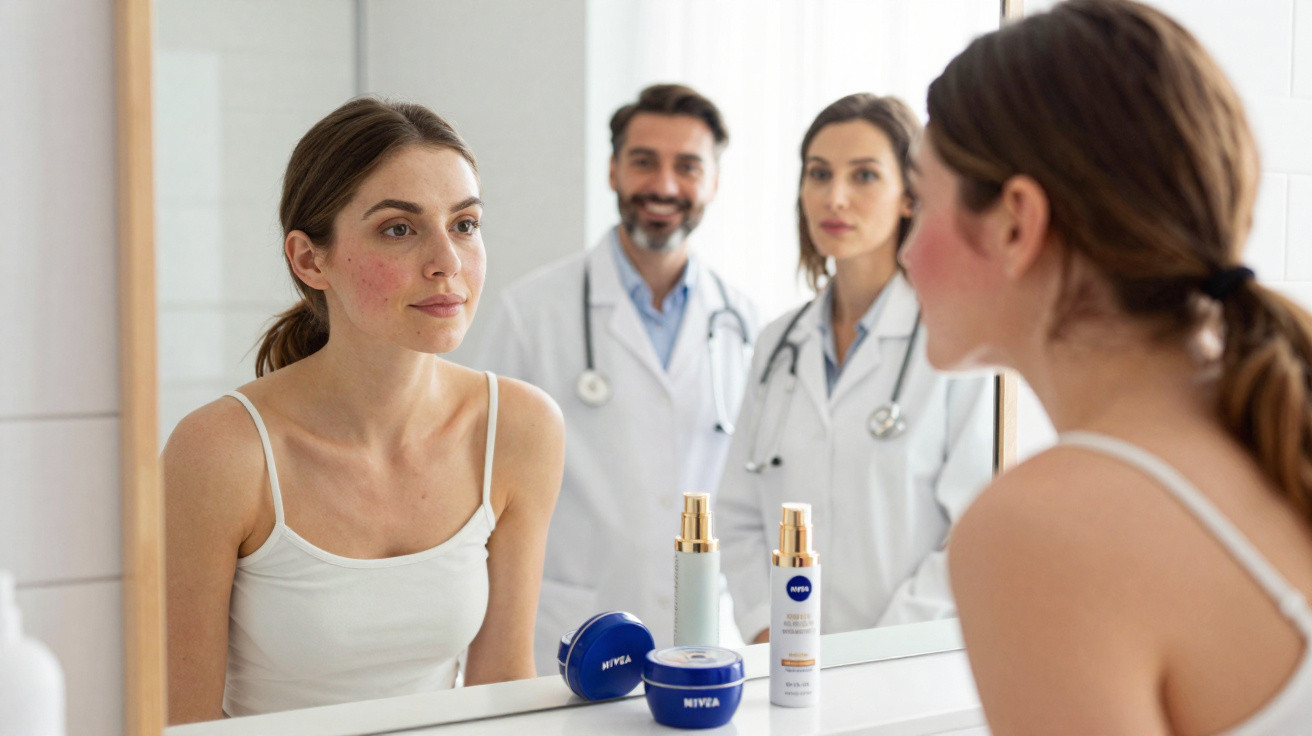 Mulher com vermelhidão no rosto se olhando no espelho, com dois médicos ao fundo, e produtos Nivea no balcão.