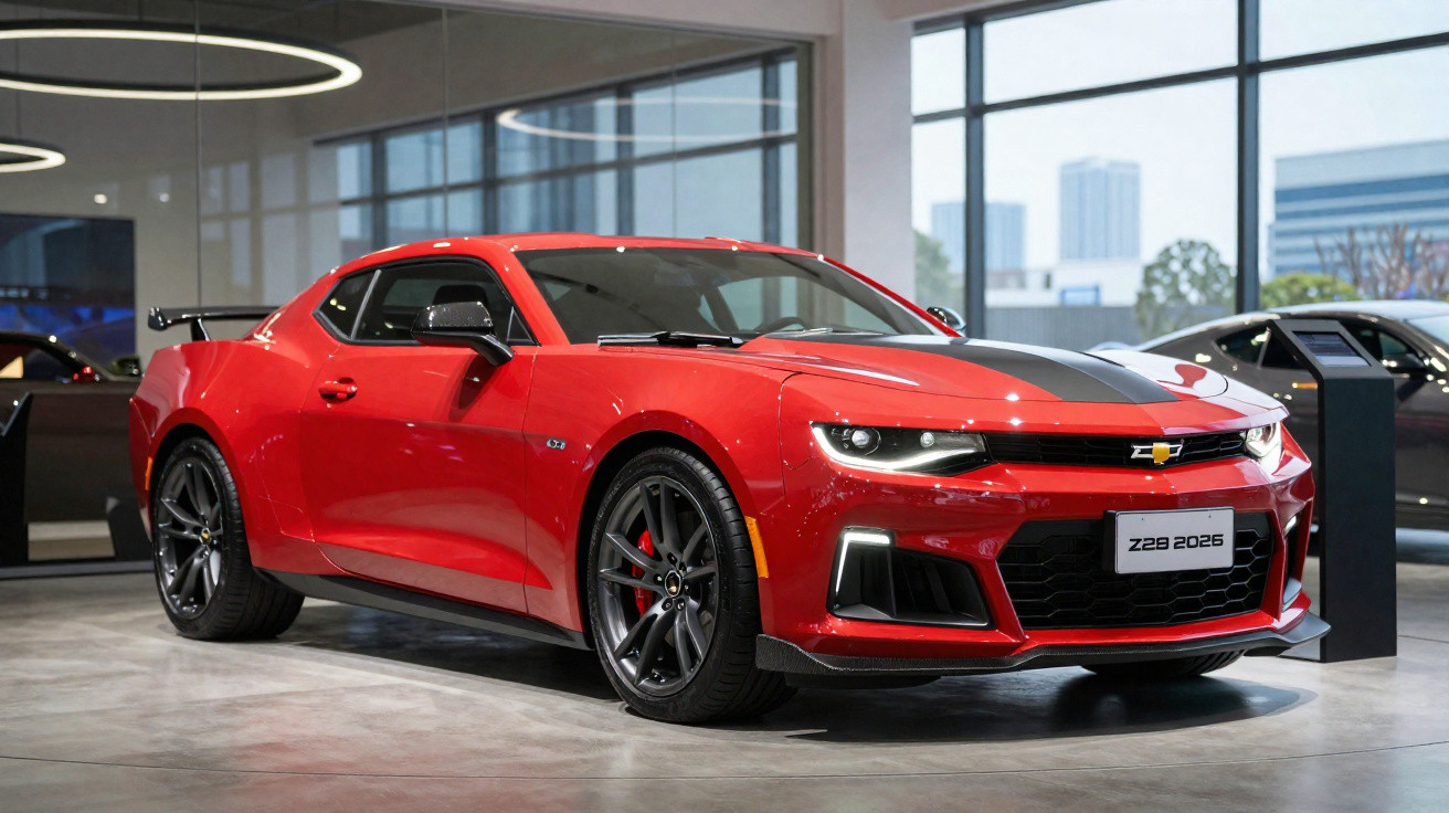 Carro esportivo Chevrolet Camaro Z28 2025 vermelho em exposição interna, com faixa preta no capô.