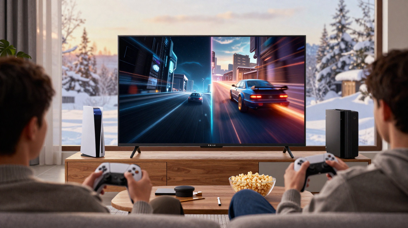 Duas pessoas jogando videogame de corrida em uma sala com janela mostrando paisagem de neve.