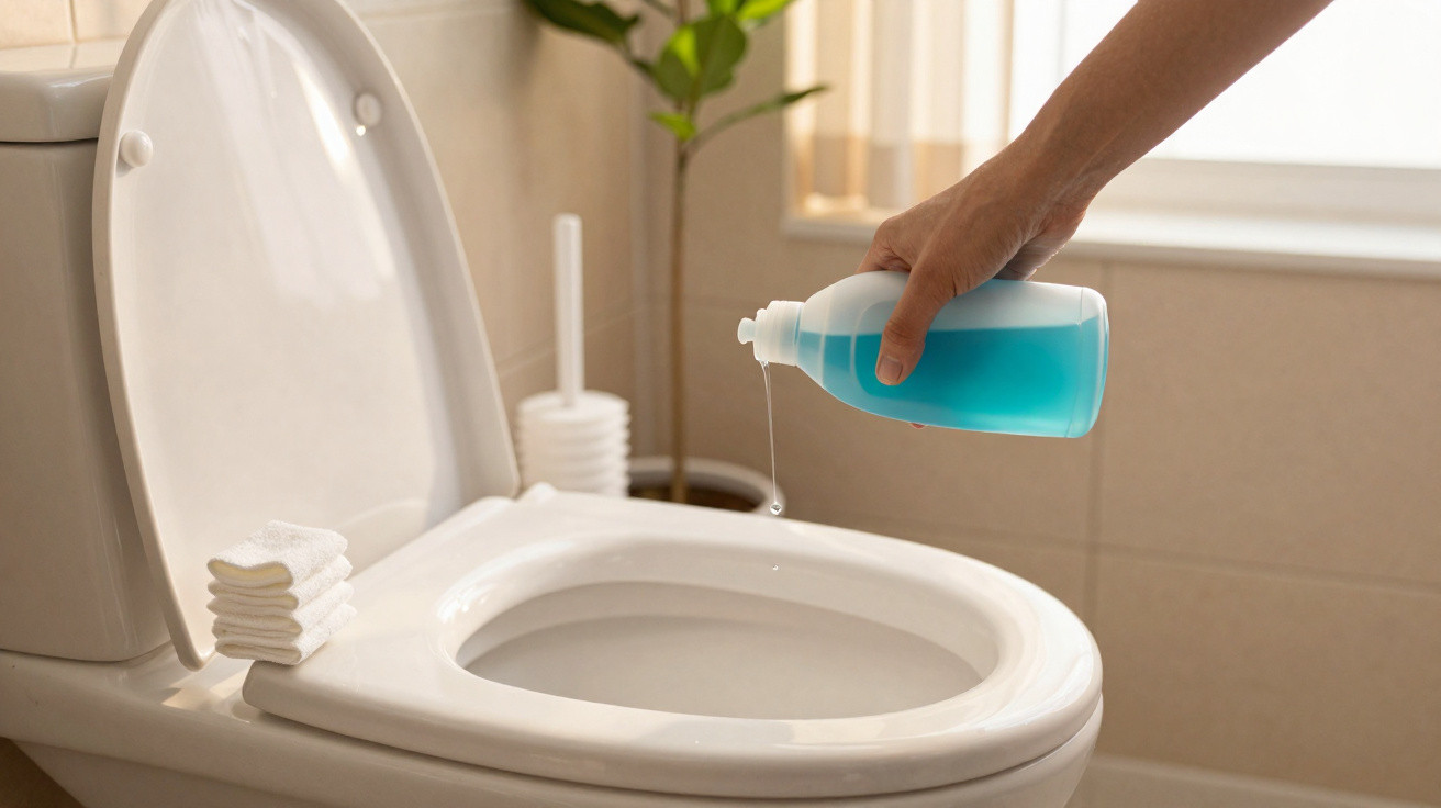 Mão despejando limpador higienizador azul dentro da privada branca com tampa aberta em banheiro.