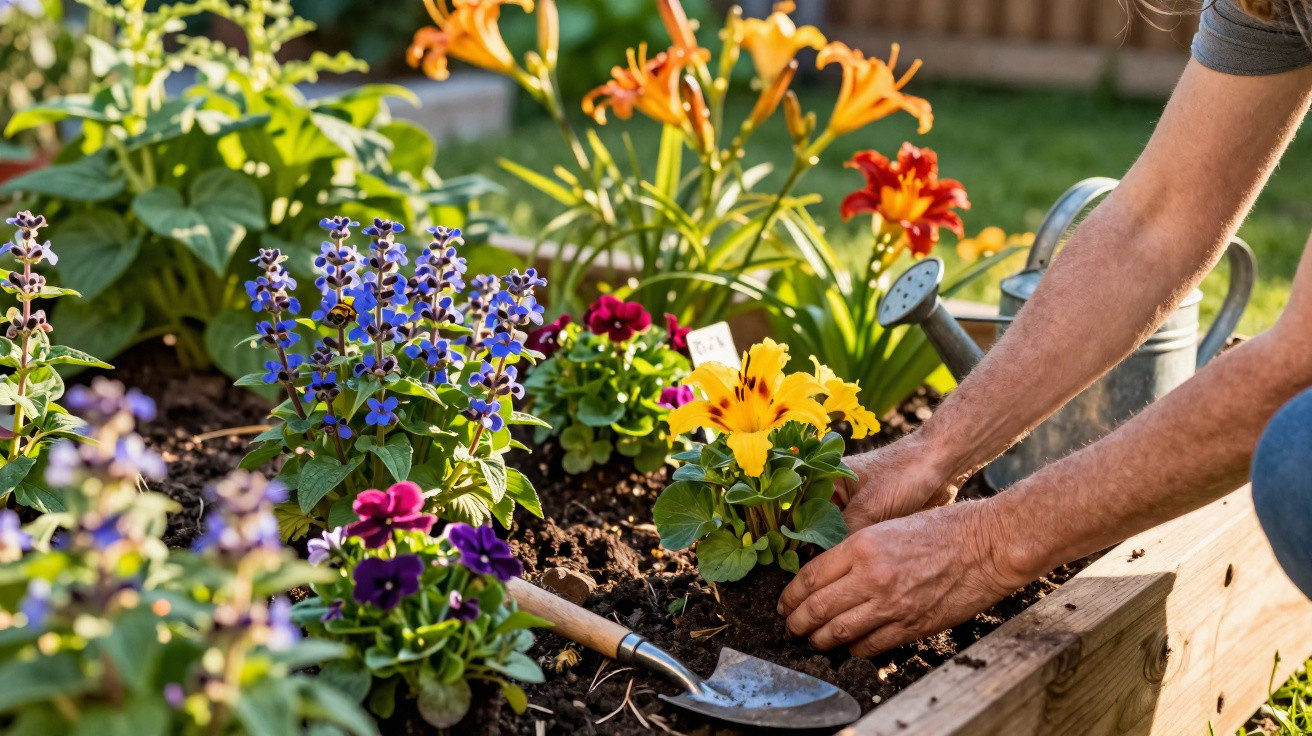 Pessoa plantando flores coloridas em canteiro de madeira com regador e pá de jardinagem ao fundo.
