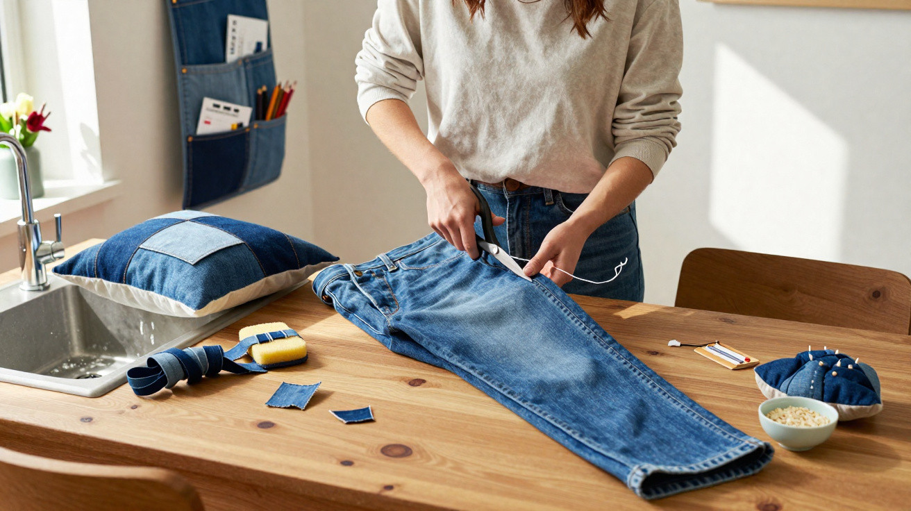 Pessoa cortando calça jeans sobre mesa de madeira em ambiente claro e organizado.