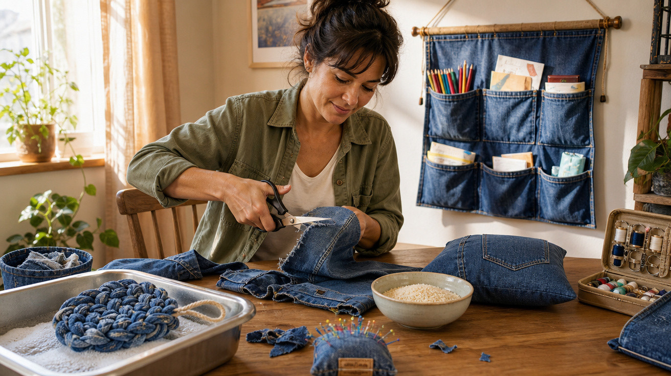 Mulher cortando tecido jeans na mesa de artesanato com vários itens de costura e planta ao fundo.