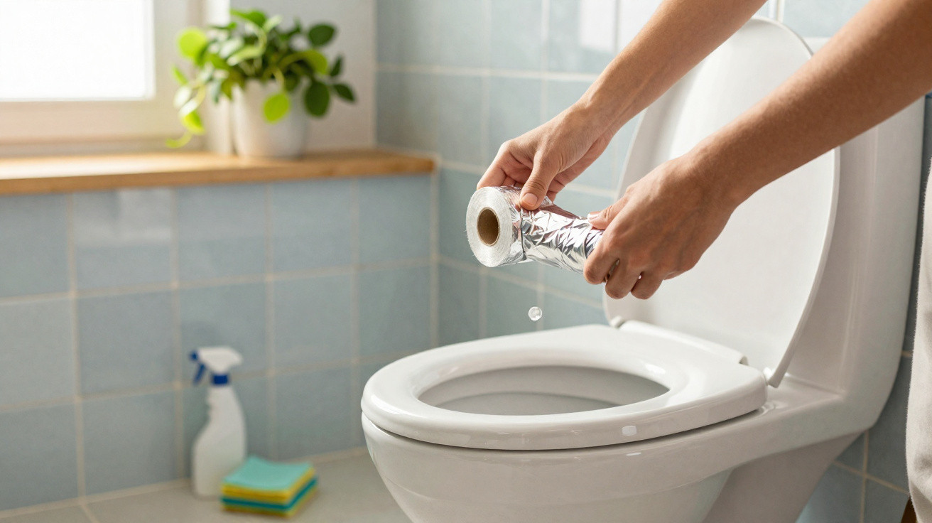 Mãos segurando papel alumínio molhado sobre vaso sanitário branco em banheiro com azulejos azuis claros.