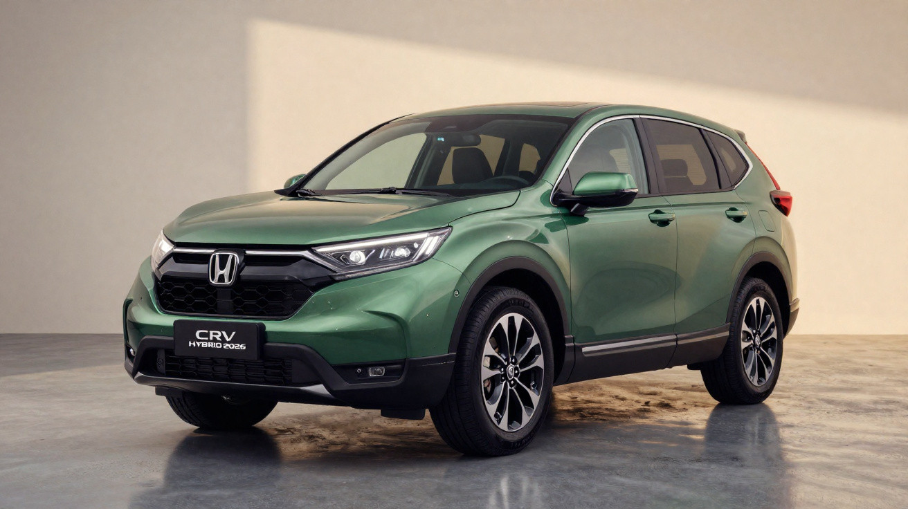 SUV Honda CR-V híbrido 2025 verde, vista frontal em estúdio com iluminação suave.