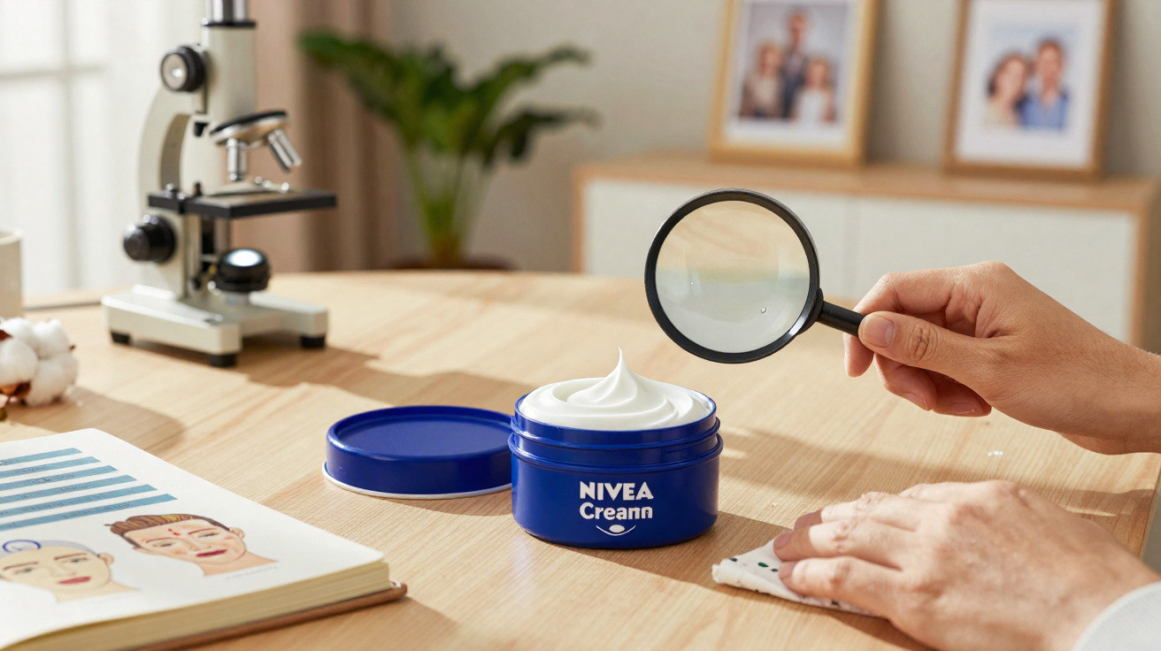 Mãos seguram lupa sobre pote azul de creme Nivea em mesa com livro de ilustrações e microscópio.