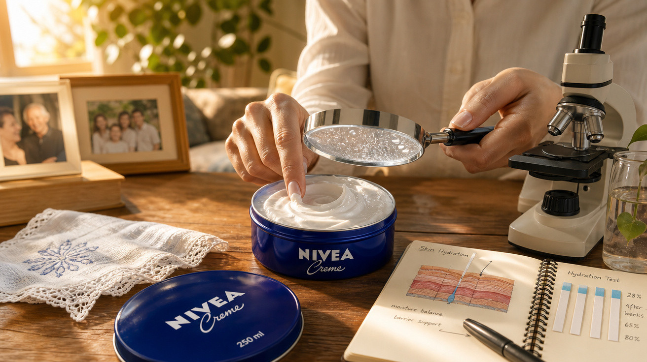 Pessoa segurando lupa sobre pote aberto de creme Nivea, com microscópio e caderno científico na mesa.