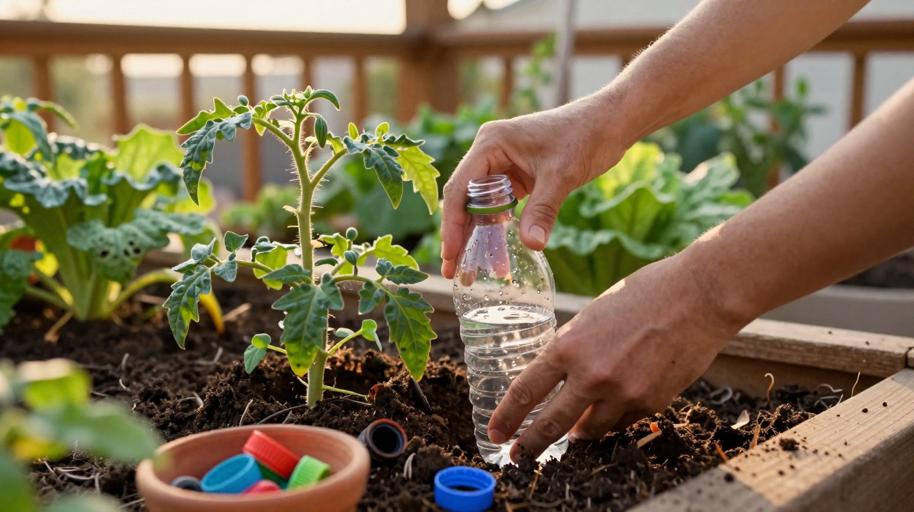 Mãos regando muda de planta em vaso com garrafa plástica e tampas coloridas ao redor na terra.