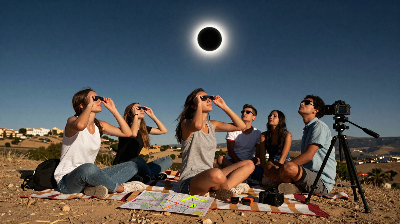 Grupo de pessoas sentadas observando eclipse solar com óculos especiais em área aberta, dia claro.
