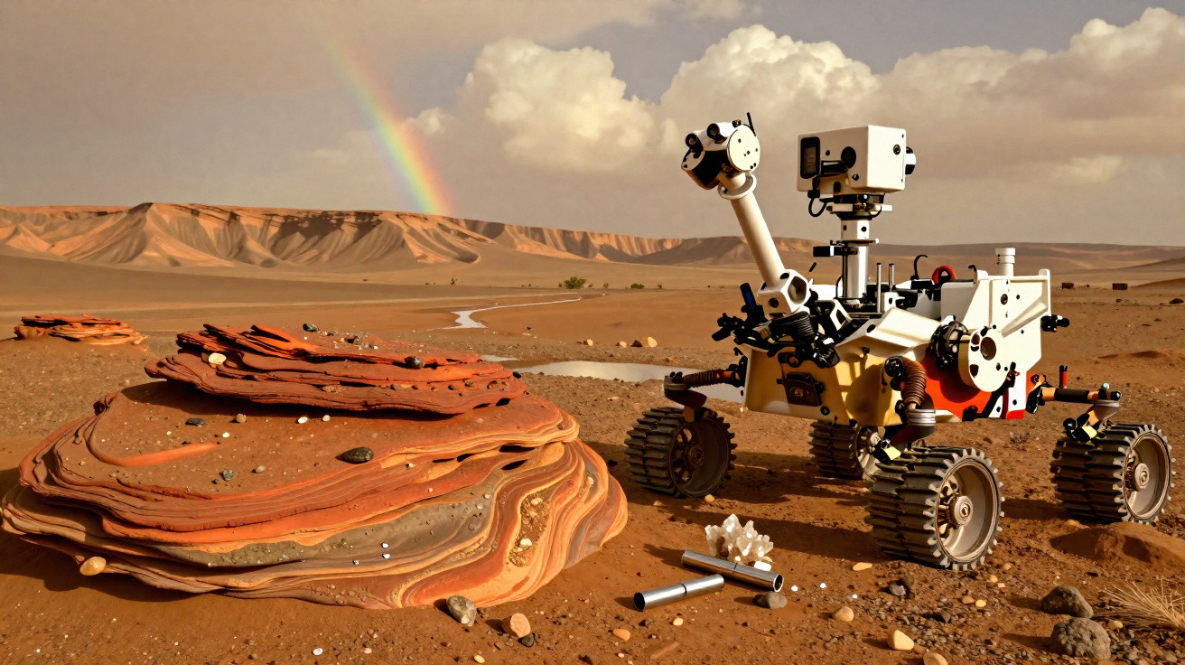 Rover explorando terreno arenoso vermelho com formações rochosas e arco-íris ao fundo em céu nublado.