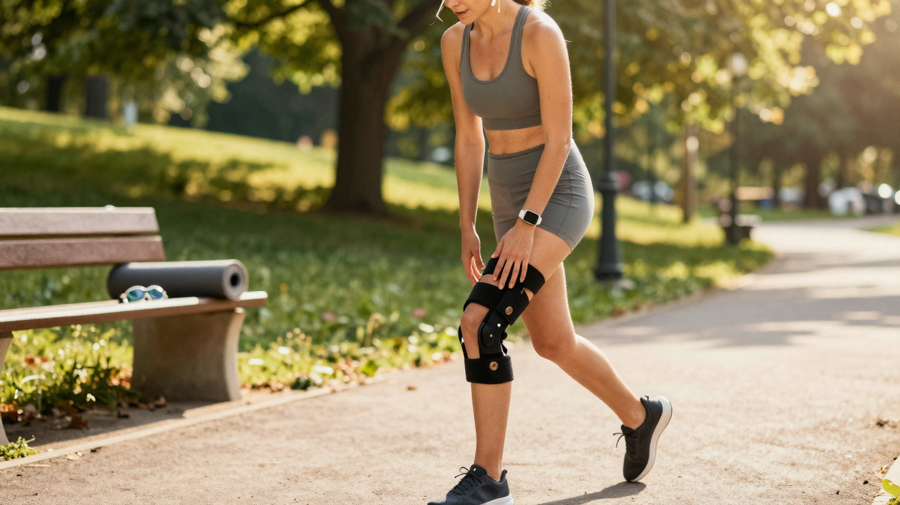 Mulher com roupa esportiva utilizando joelheira preta, segurando o joelho em caminho de parque ensolarado.