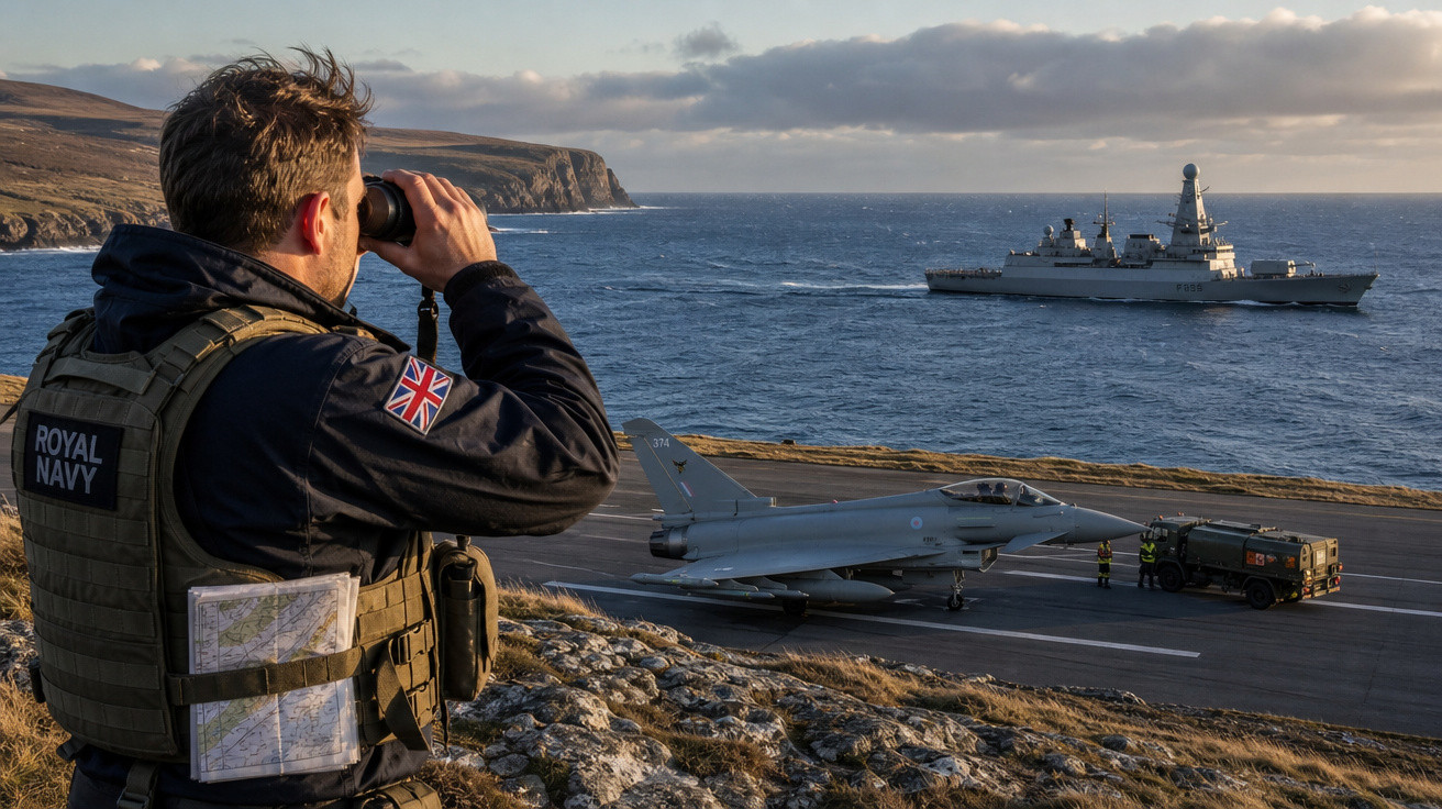 Militar da Marinha Real observa com binóculos caça e navio de guerra próximos à costa rochosa.