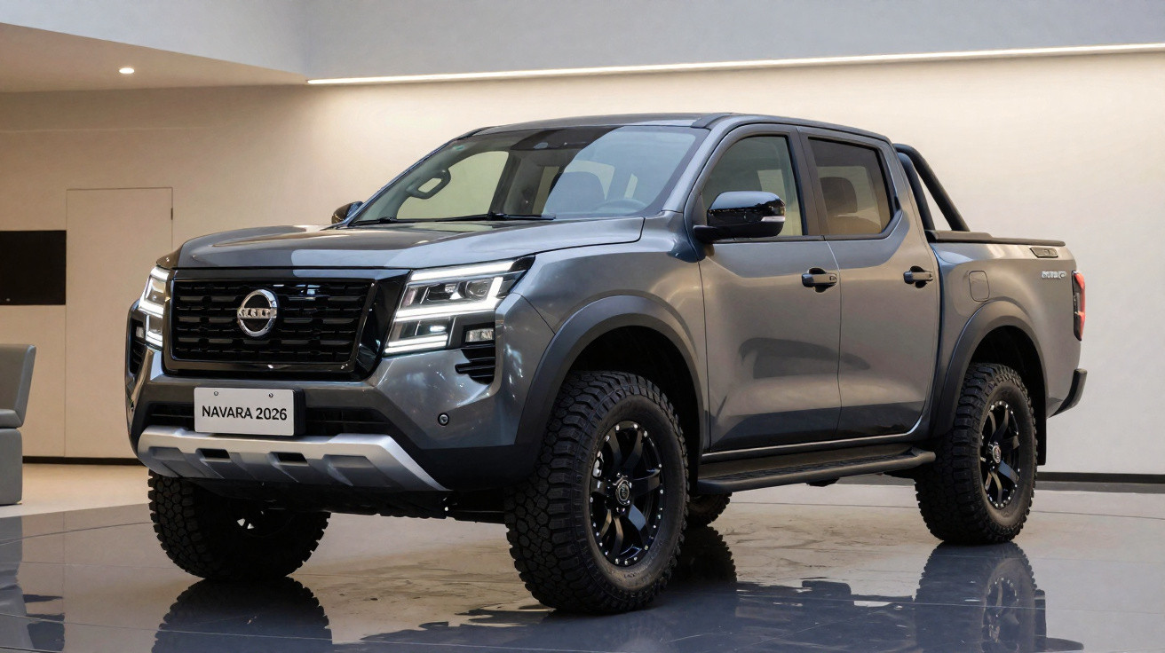 Picape Nissan Navara 2026 cinza em ambiente interno com iluminação suave e piso refletivo.