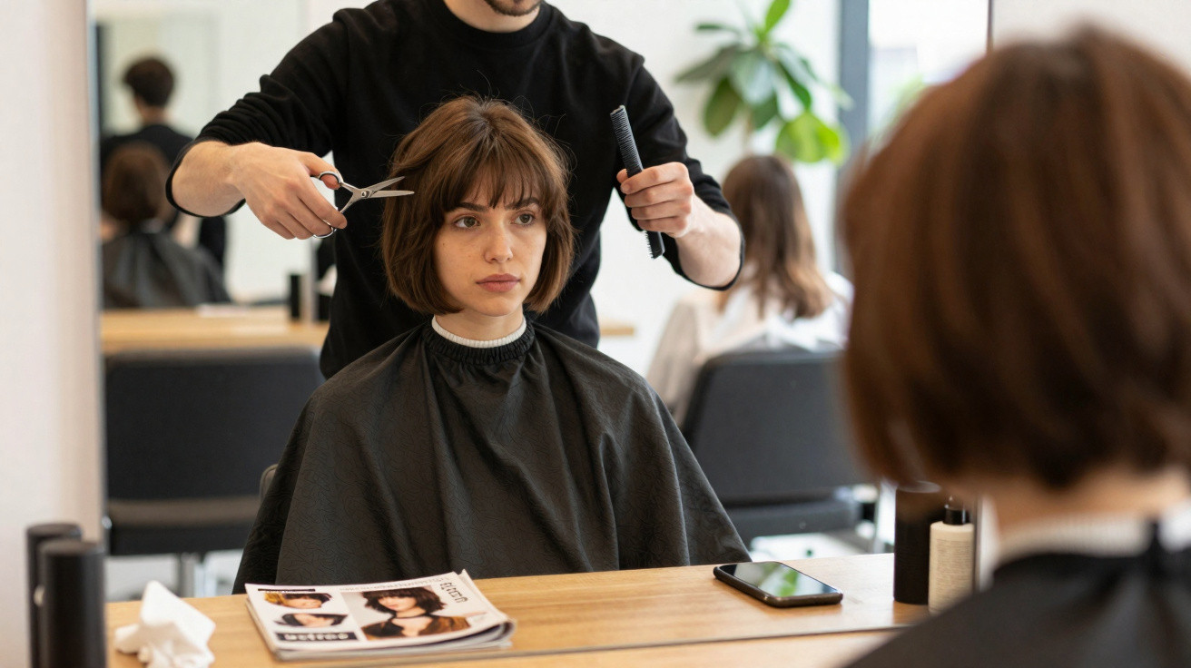 Mulher com capa preta tendo cabelo cortado por cabeleireiro em salão, olhando no espelho.