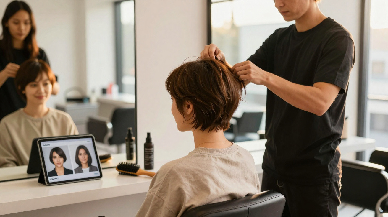 Cliente com cabelo curto sentado em salão enquanto cabeleireiro ajusta o penteado, com espelho e tablet mostrando imagens.