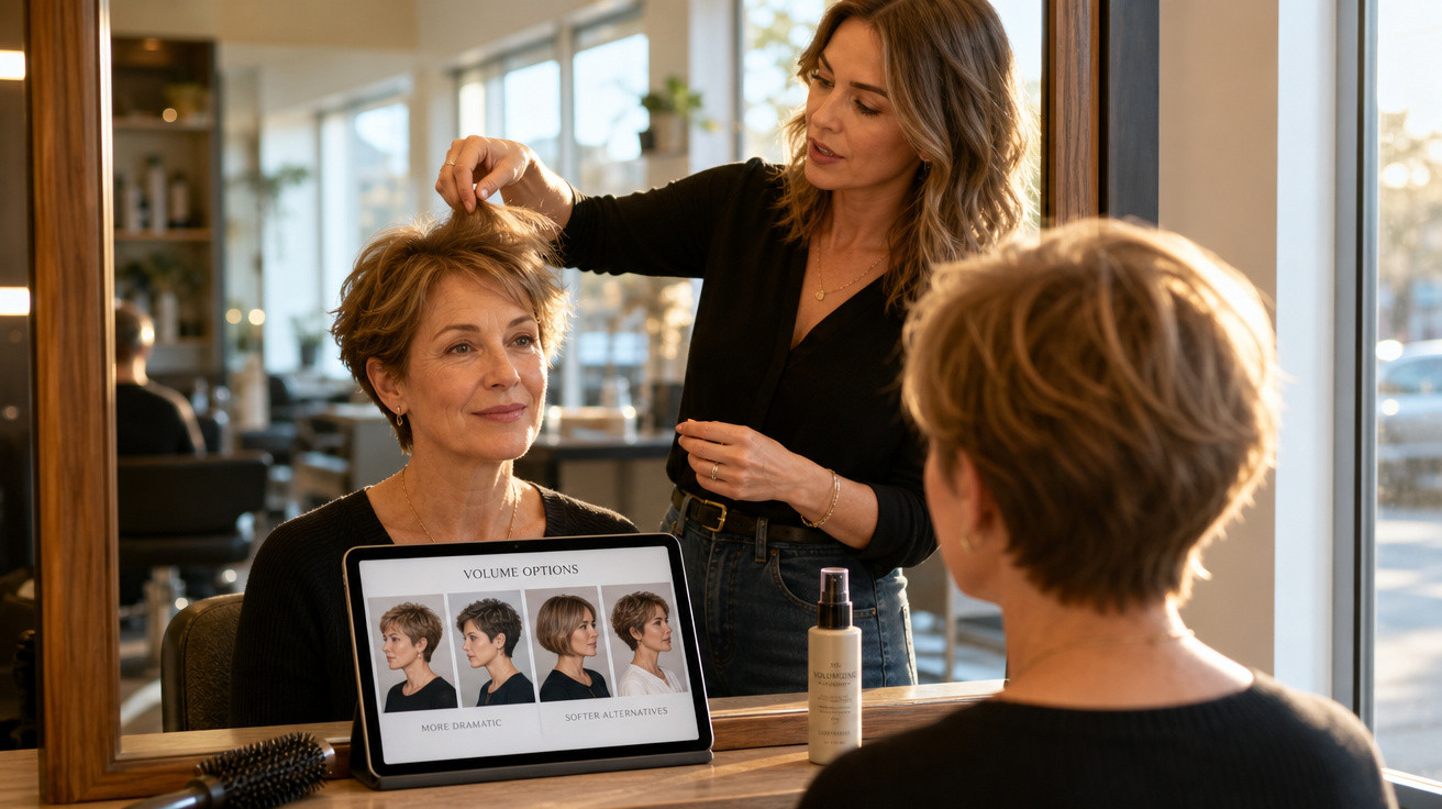 Mulher em salão de beleza escolhe penteado com ajuda de cabeleireira e tablet com opções de cortes.