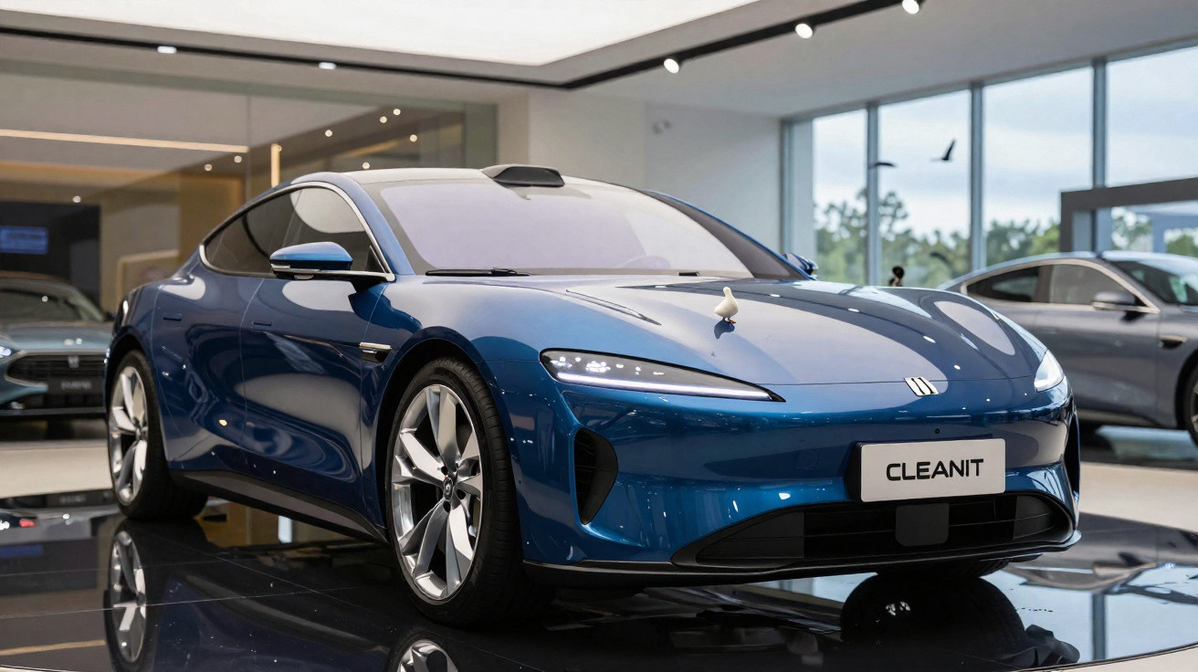 Carro elétrico azul exibido em showroom moderno com piso espelhado e iluminação focada no teto.