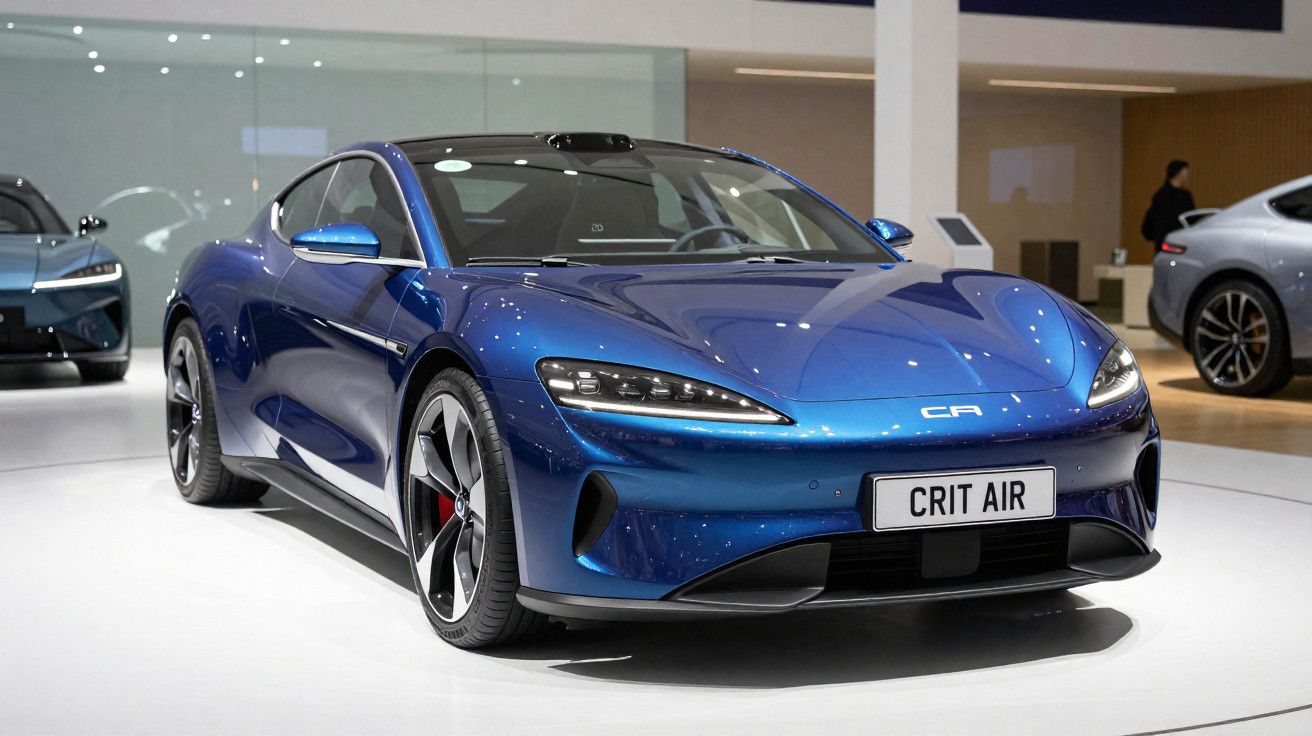 Carro esportivo elétrico azul em exposição interna com placa personalizada "CRIT AIR".