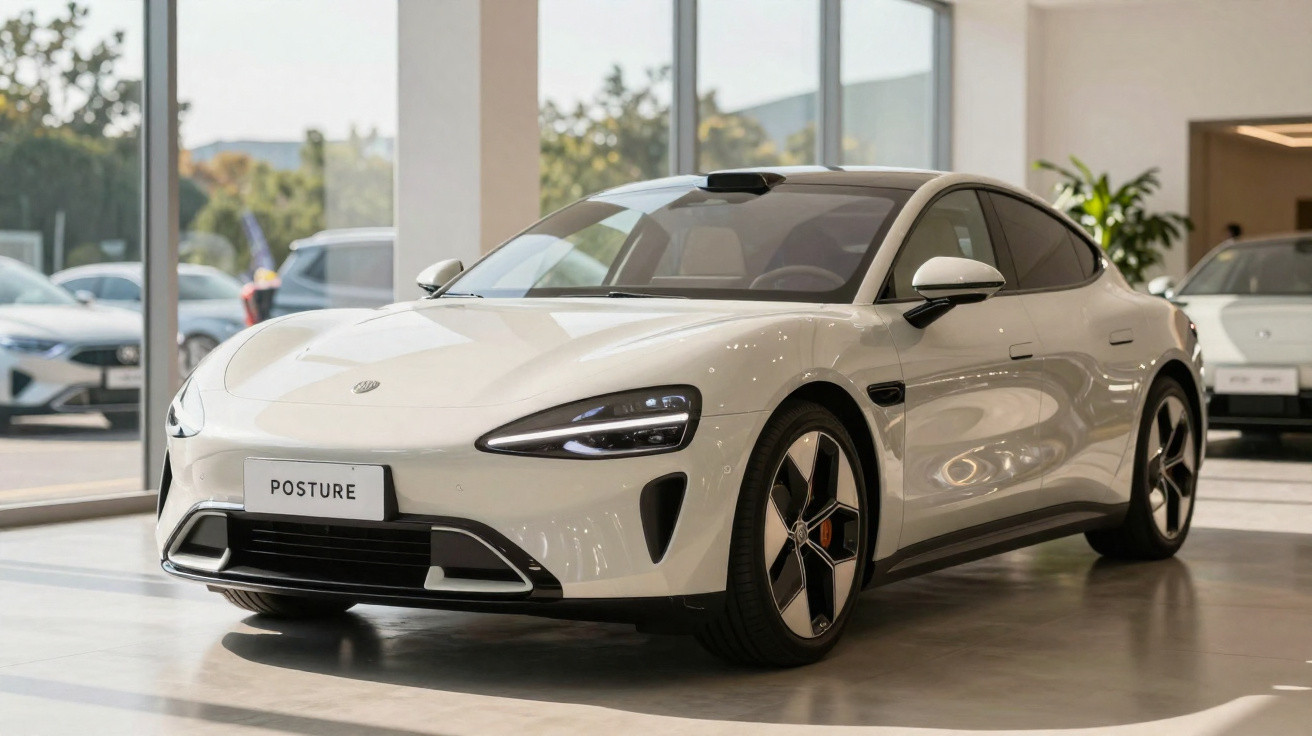 Carro elétrico branco modelo Posture exposto em showroom com luz natural e piso claro.