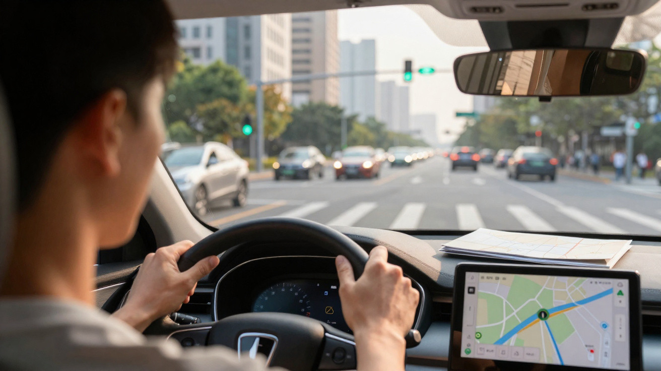 Motorista dirigindo carro com navegação GPS em avenida movimentada na cidade durante o dia.
