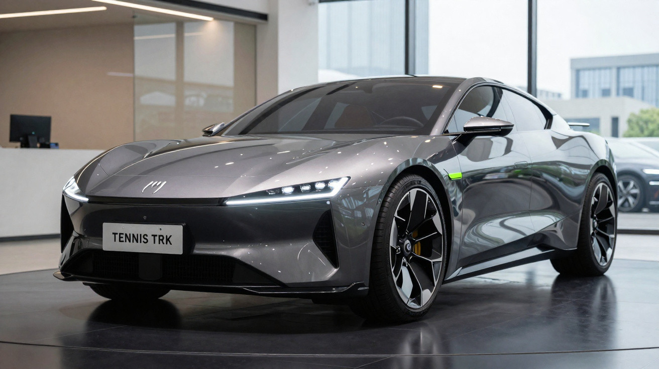 Carro esportivo elétrico cinza Tennis TRK em exposição dentro de showroom moderno.