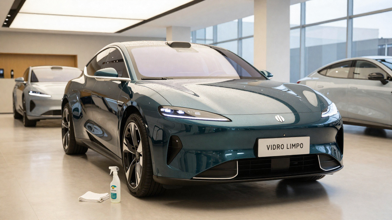 Carro elétrico azul escuro em showroom, com frasco de vidro limpo e pano ao lado dianteiro.