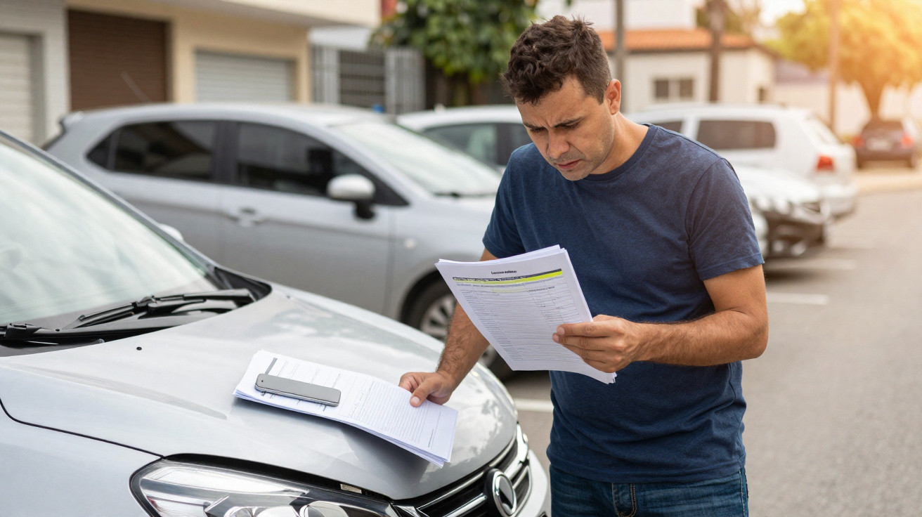 Homem analisando documentos sobre o capô de carro cinza estacionado em rua residencial.