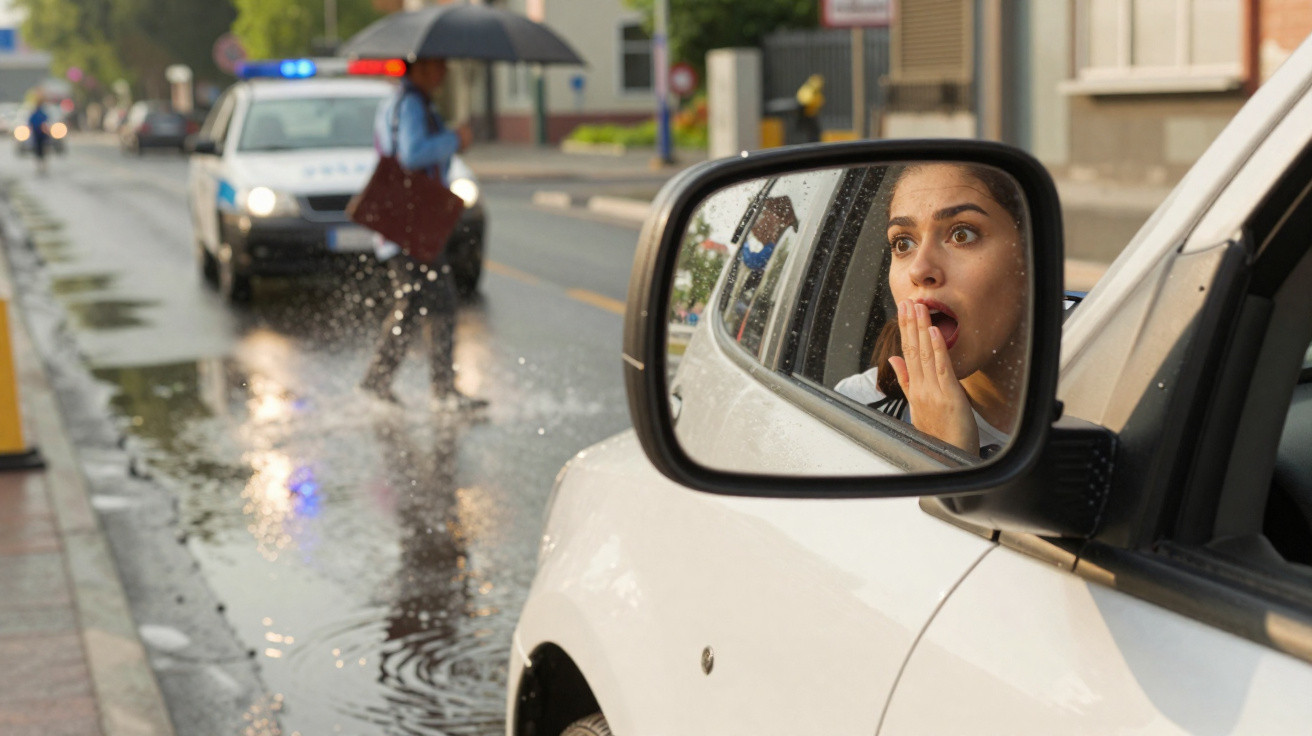 Mulher surpresa olha pelo retrovisor do carro enquanto polícia e pedestre passam na rua molhada.