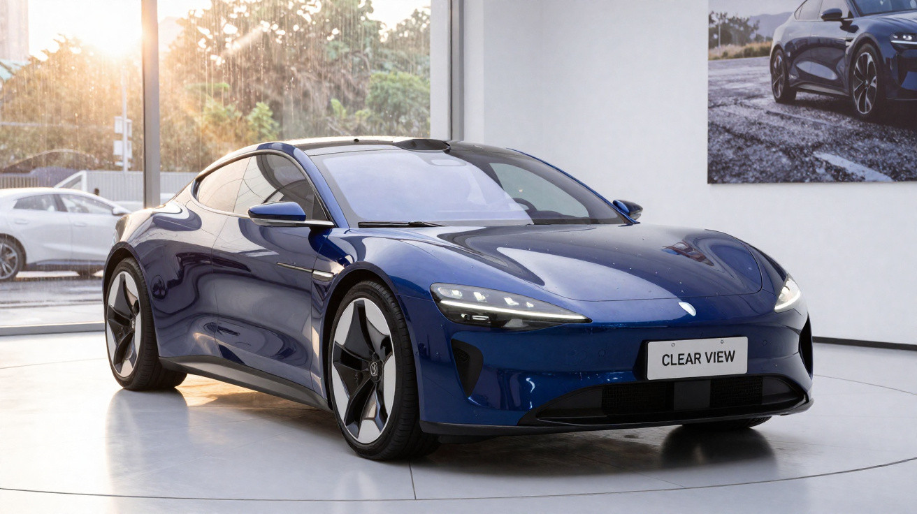 Carro esportivo elétrico azul em exposição interna com luz natural e placa "CLEAR VIEW".