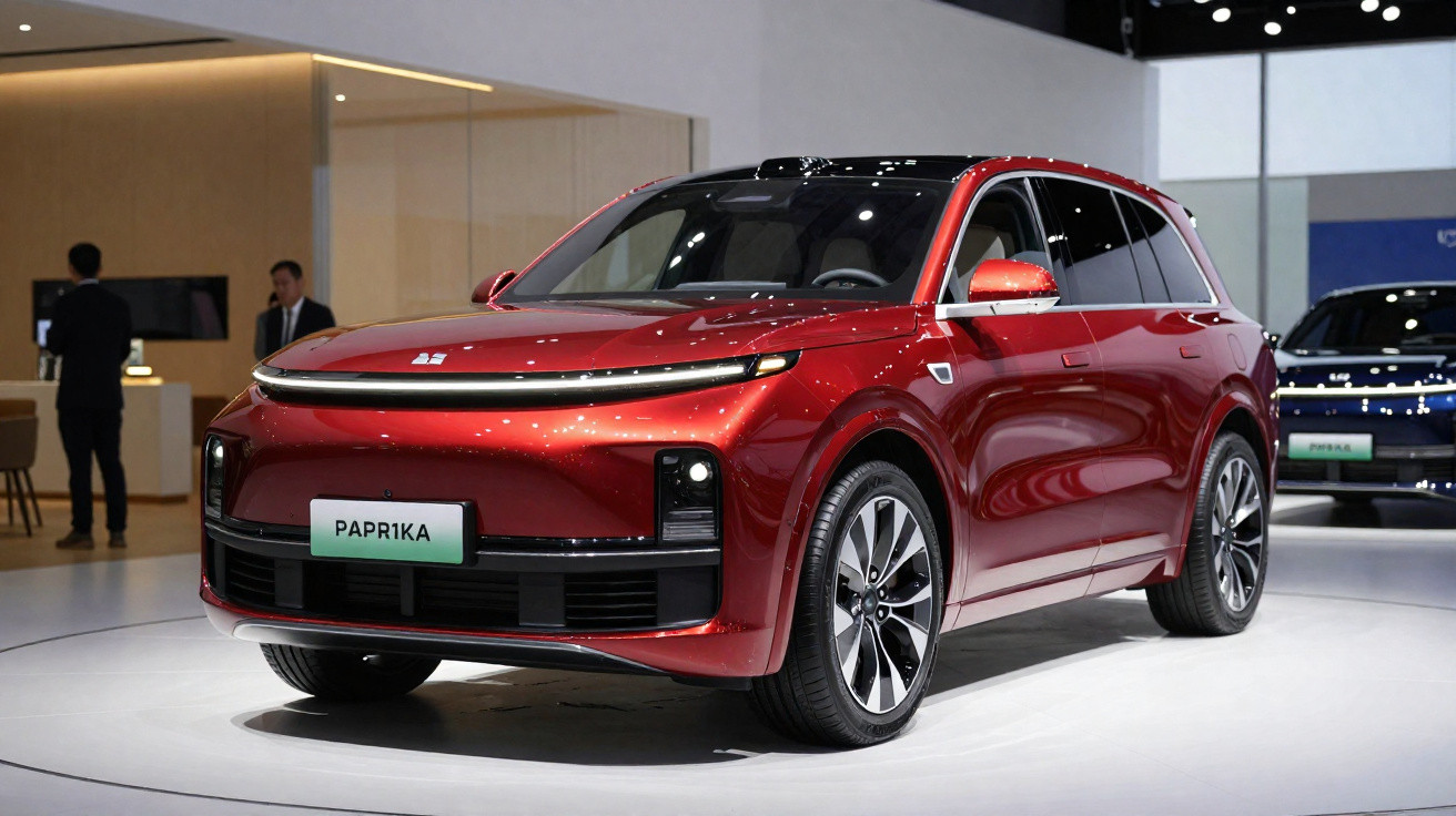 SUV elétrico vermelho modelo Paprika exposto em salão automotivo moderno.
