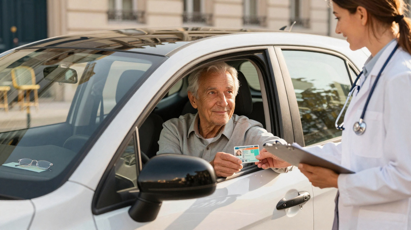 Homem idoso no carro entregando documento para médica com jaleco e estetoscópio.
