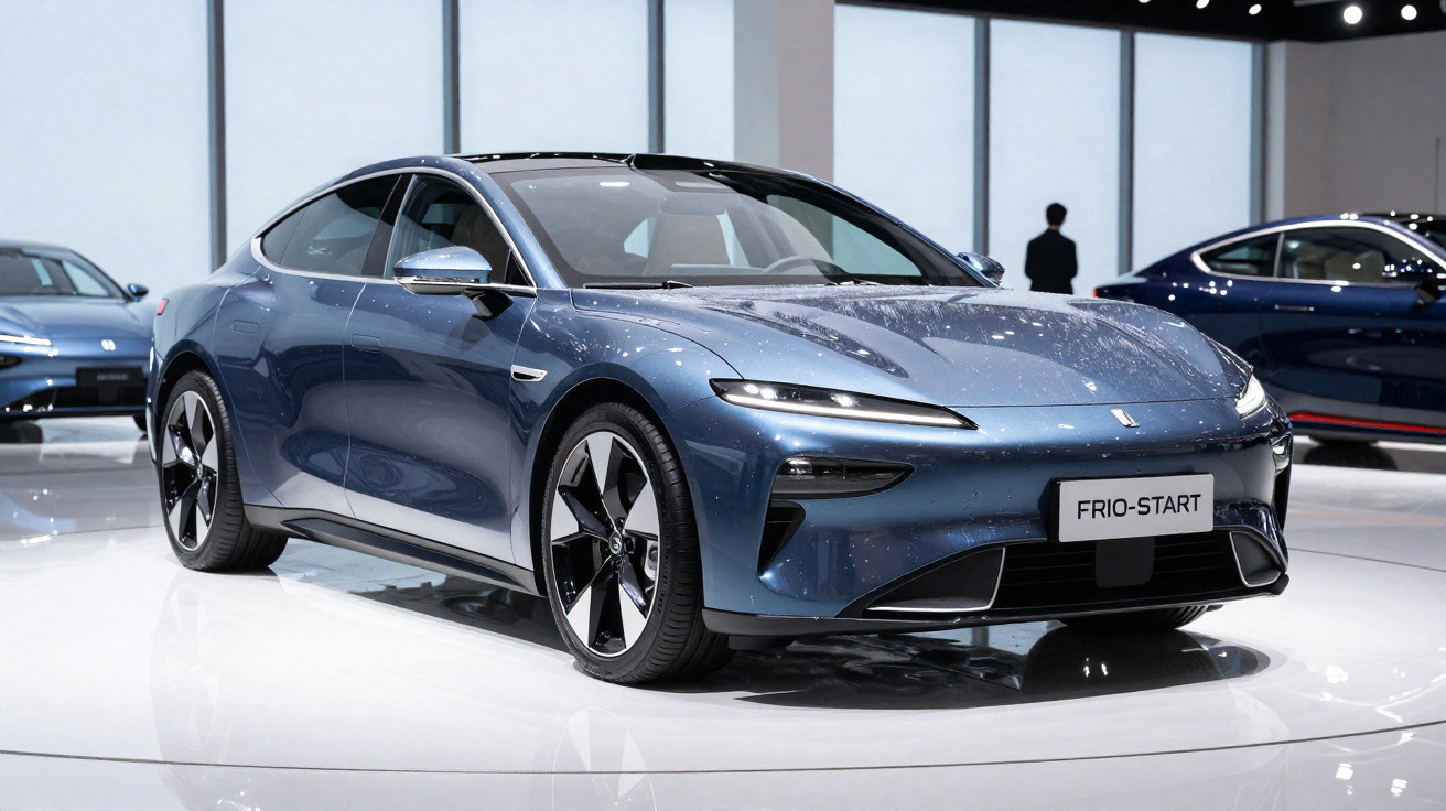 Carro elétrico esportivo azul exibido em salão automotivo com placas "FRIO-START".