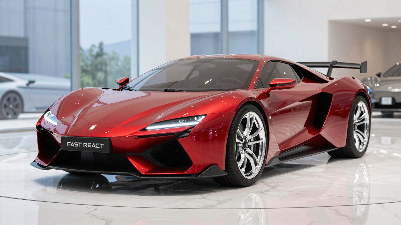 Carro esportivo vermelho brilhante modelo Fast React em exposição interna com piso de mármore.