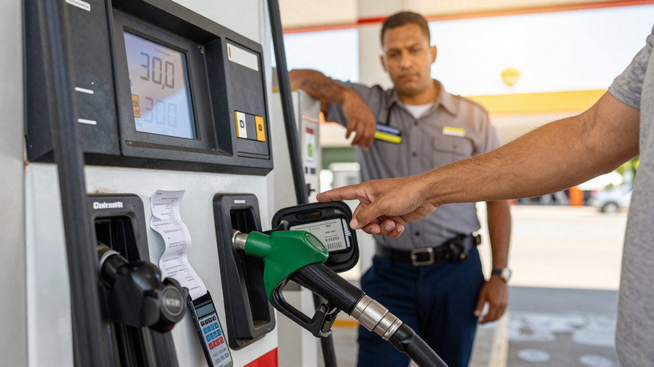 Pessoa pagando por combustível em bomba de posto de gasolina com frentista ao fundo observando.