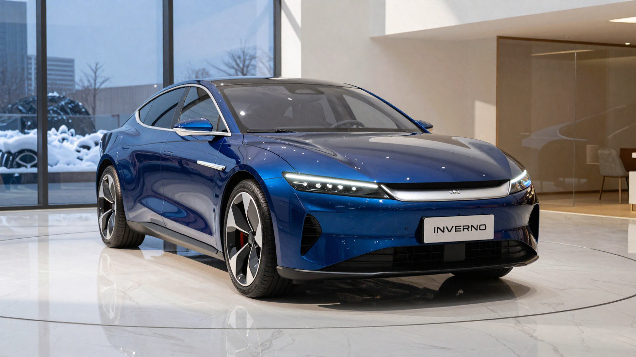 Carro elétrico azul Inverno exposto em showroom moderno com grandes janelas e piso claro.