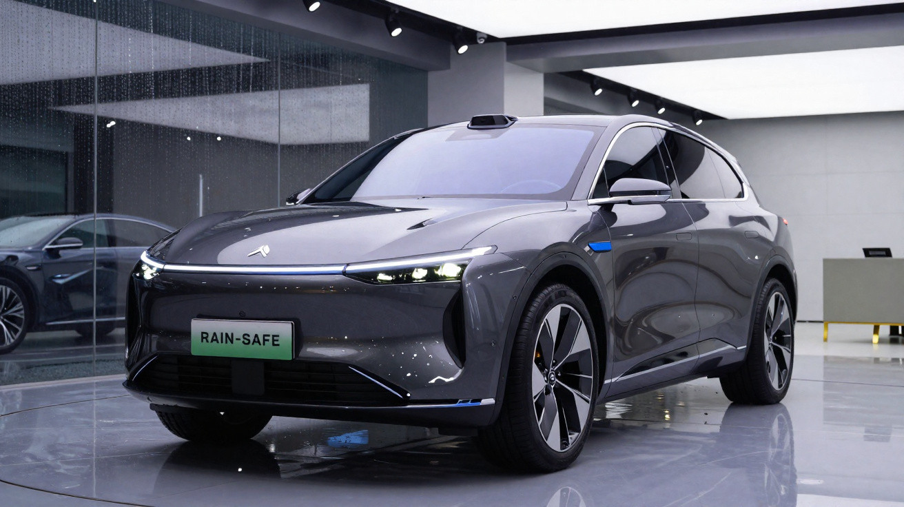Carro elétrico cinza com design moderno exposto em ambiente interno minimalista.