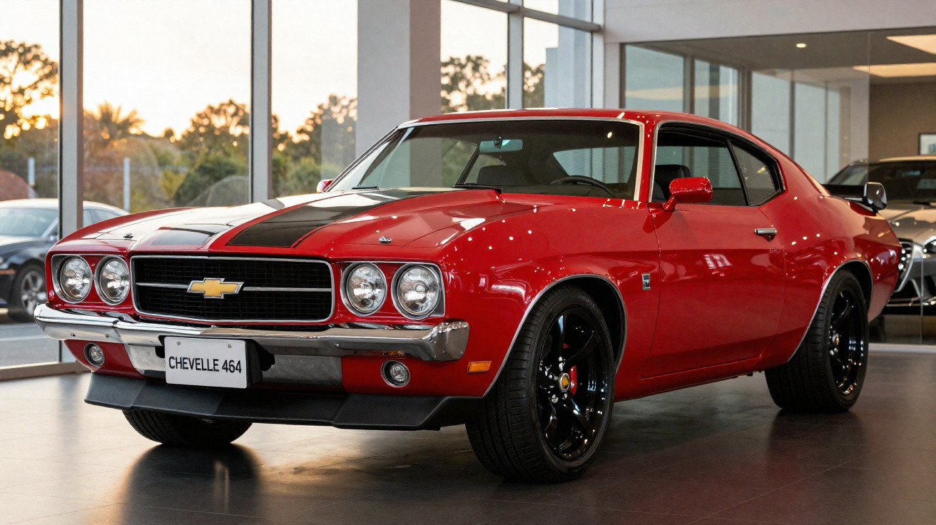 Carro esportivo Chevrolet Chevelle 464 vermelho com faixa preta, rodas pretas, em ambiente interno iluminado.