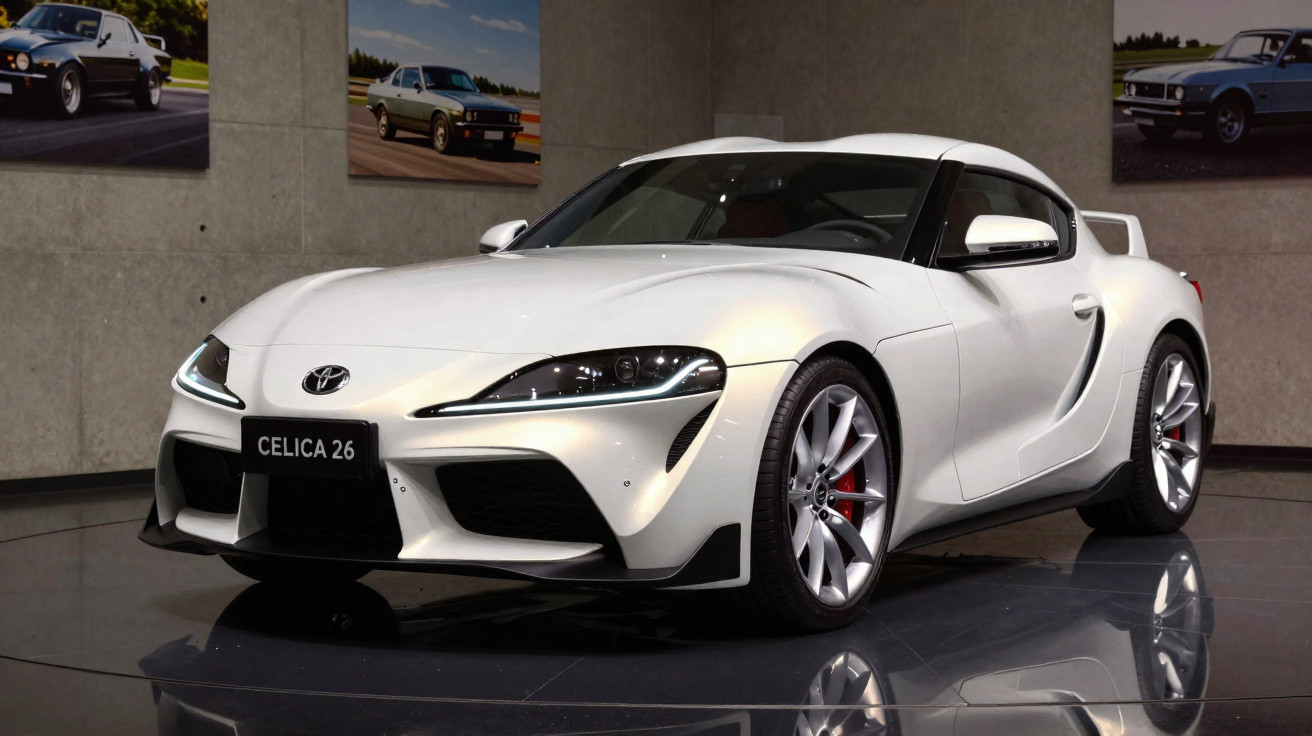 Carro esportivo branco Toyota Celica 26 exposto em ambiente interno com parede cinza ao fundo.