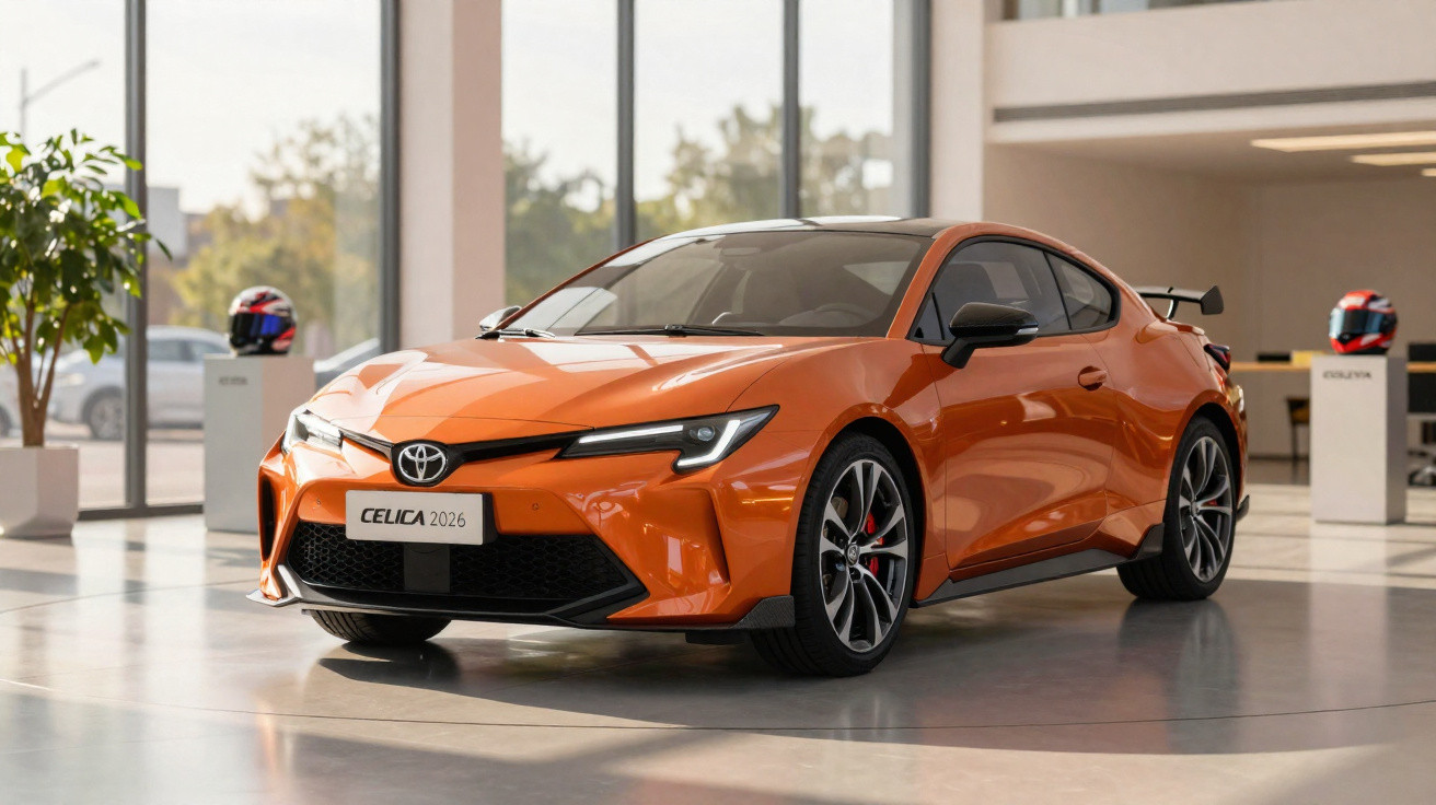 Carro esportivo Toyota Celica 2026 laranja exposto em showroom moderno e iluminado.