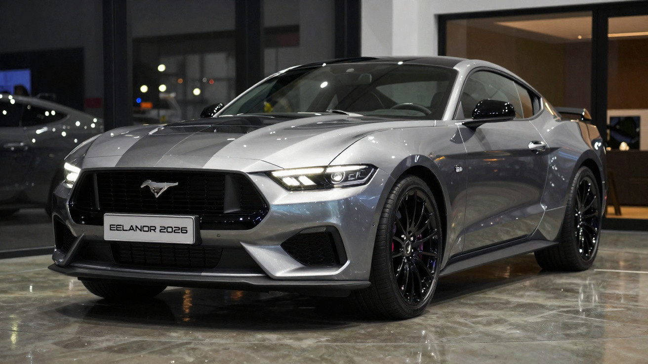 Carro esportivo Ford Mustang prata com faixa preta, modelo EELANOR 2026, exibido em showroom moderno.
