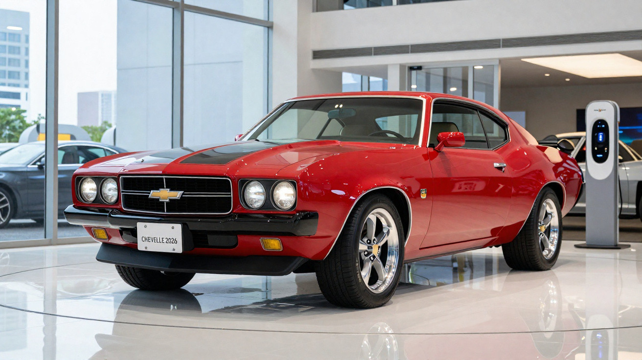 Carro esportivo Chevrolet Chevelle 2023 vermelho exibido em showroom moderno com chão brilhante.