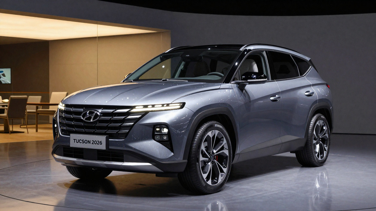 SUV Hyundai Tucson 2026 cinza estacionado em ambiente interno com luzes acesas e design moderno.