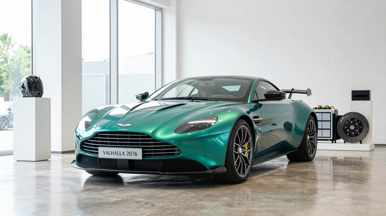 Carro esportivo verde metálico Aston Martin Valhalla 2076 exposto em ambiente interno moderno.
