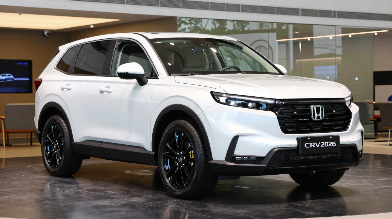 SUV branco Honda CRV 2026 estacionado em ambiente interno moderno.