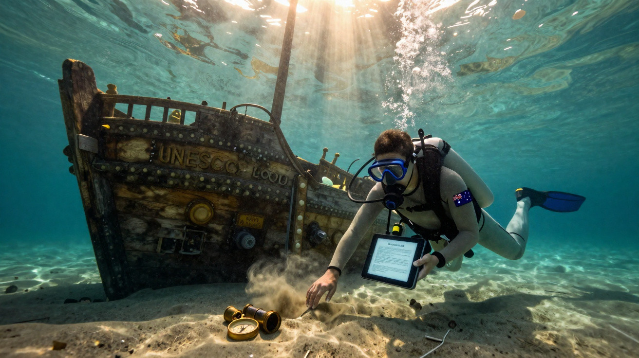 Mergulhador com equipamento moderno examina objetos próximos a um navio afundado no fundo do mar.
